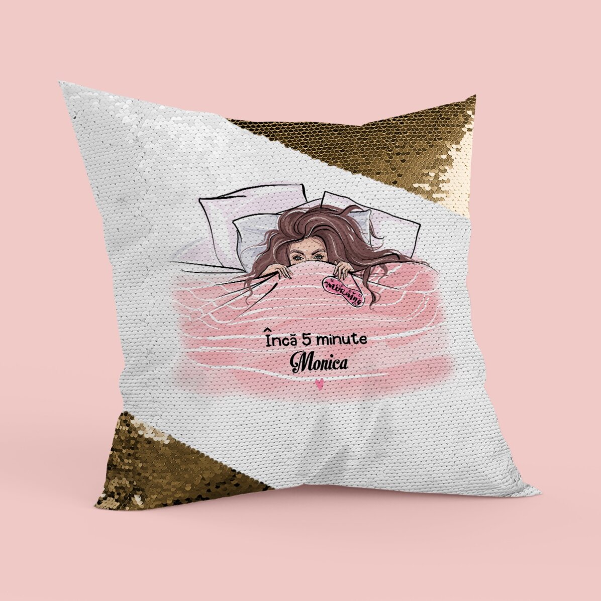 Pernă personalizată cu text - Sleeping beauty - Paiete aurii
