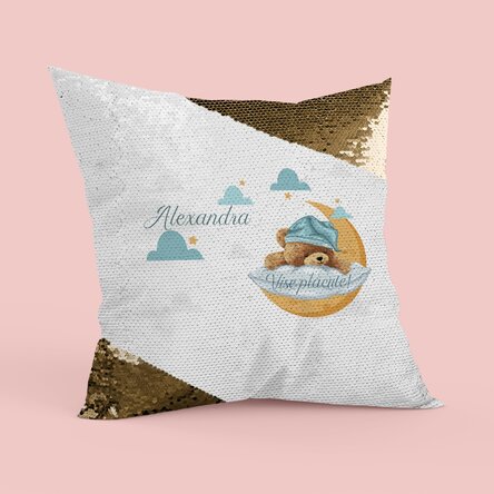 Pernă personalizată cu text - Ursuleț - Paiete aurii
