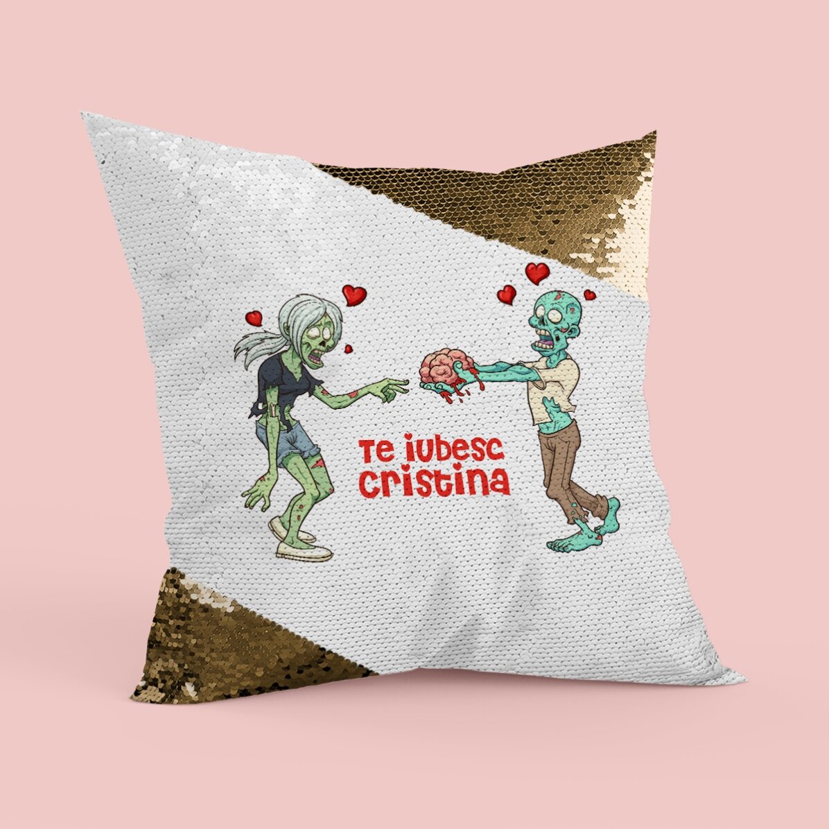 Pernă personalizată cu text - Zombie Love Paiete aurii