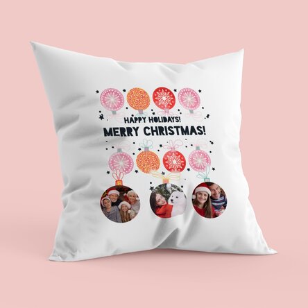Pernă personalizată cu trei poze și text - Globuri de Crăciun
