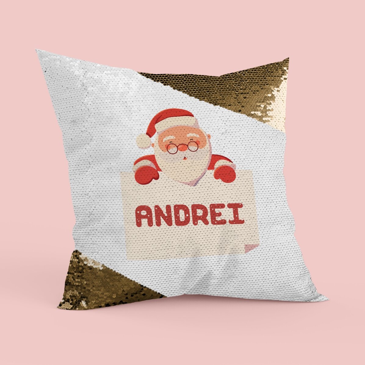 Pernă personalizată - Nume pentru Moș Crăciun - Paiete aurii