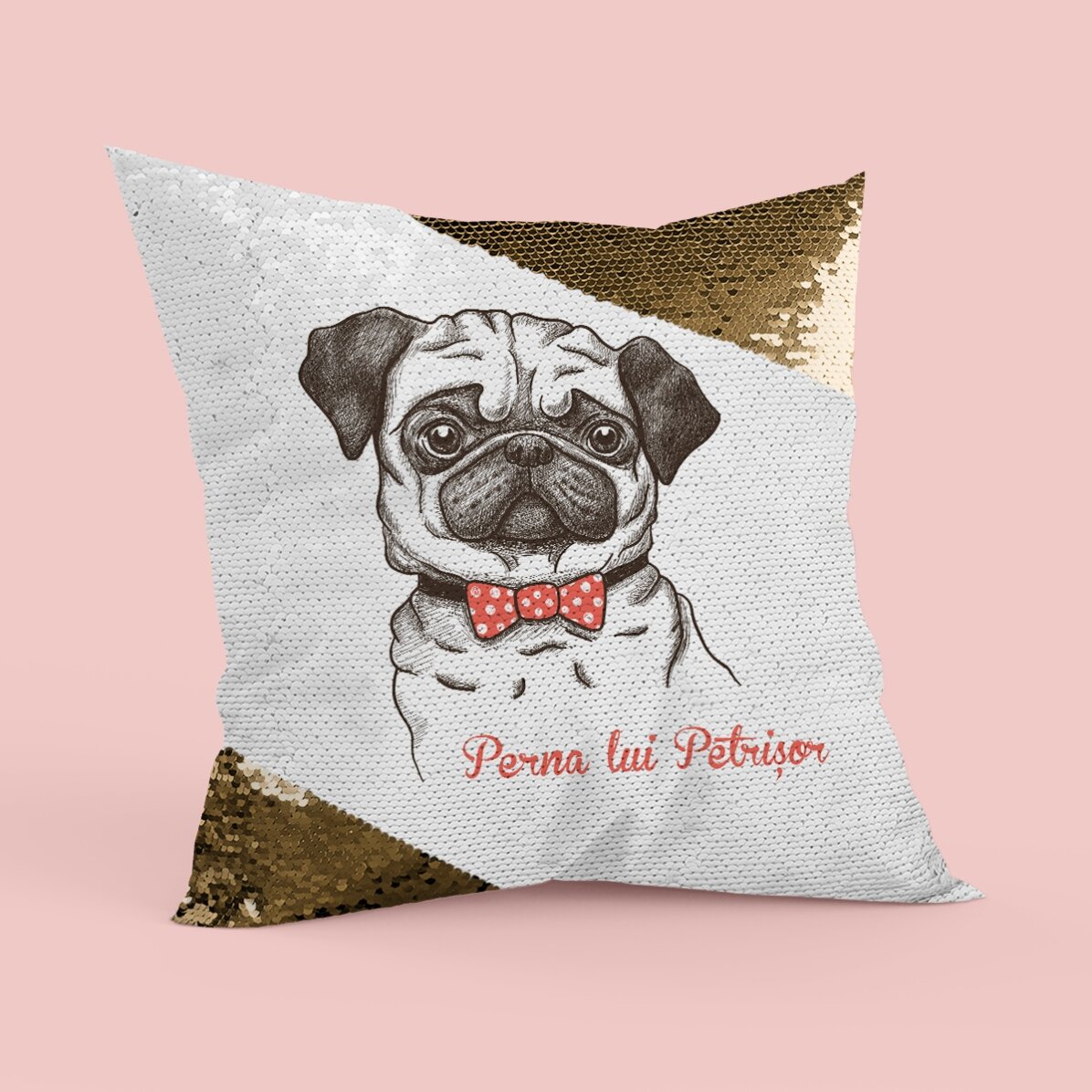 Pernă personalizată - Pug - Paiete aurii