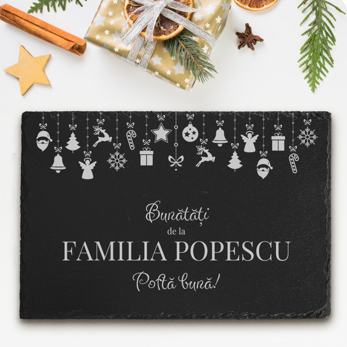 Placă de ardezie gravată personalizată cu text - Bunătățile familiei