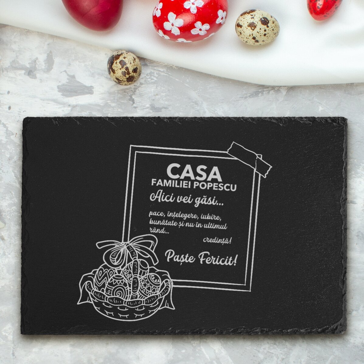 Placă de ardezie gravată personalizată cu text - Coș cu ouă