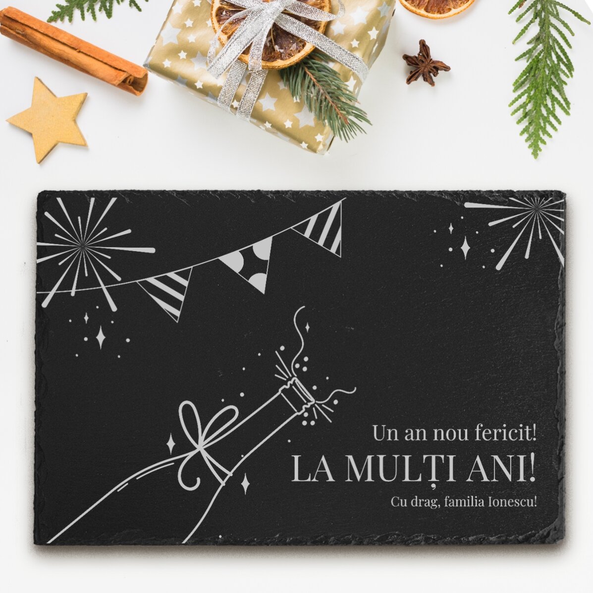 Placă de ardezie gravată personalizată cu text - La mulți ani!