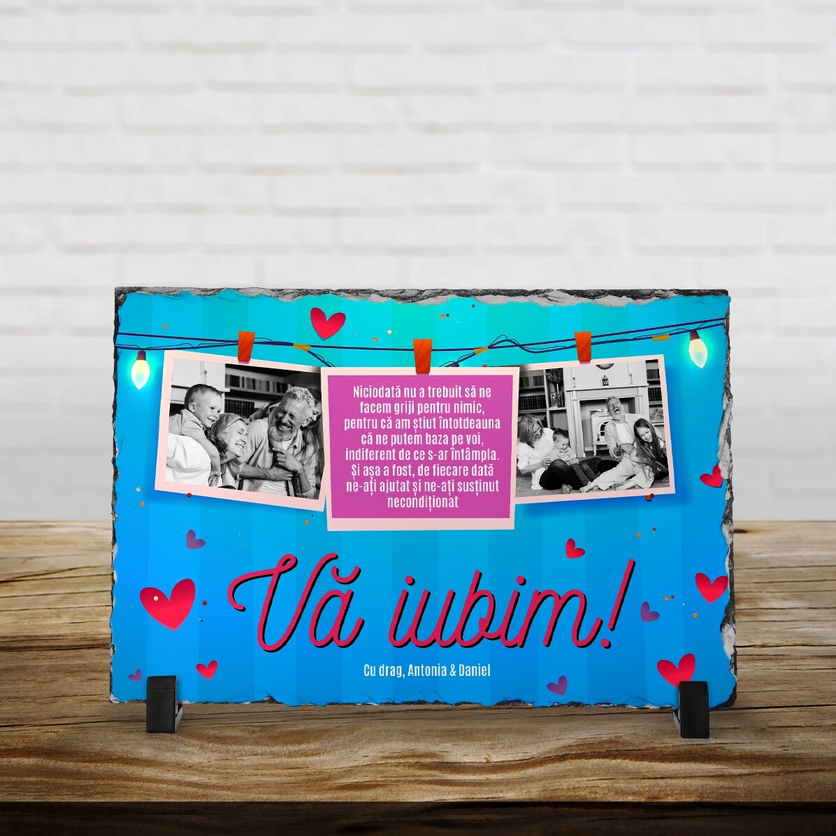 Placă de ardezie personalizată cu 2 poze și mesaj pentru bunici