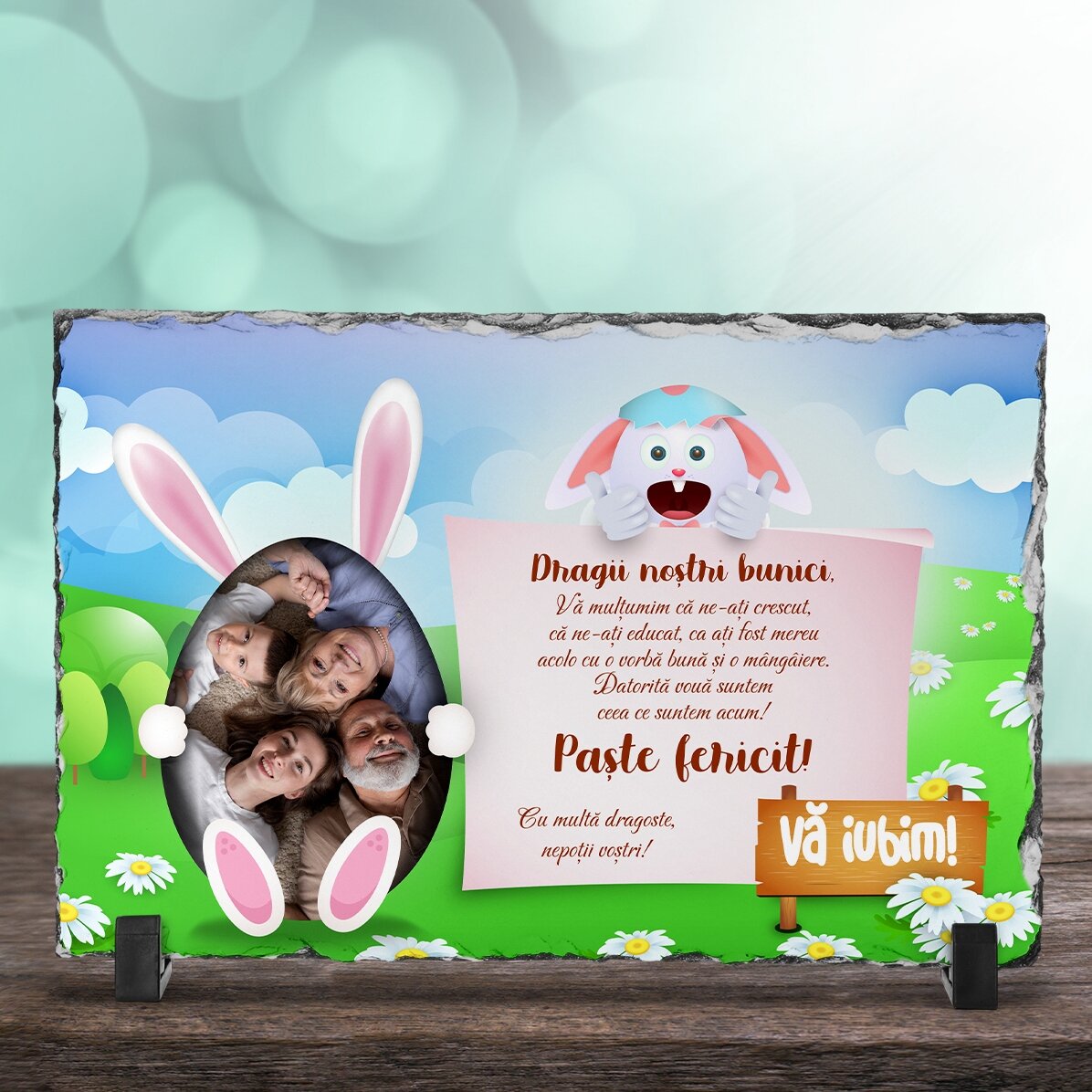 Placă de ardezie personalizată cu o poză și mesaj - Iepuraș