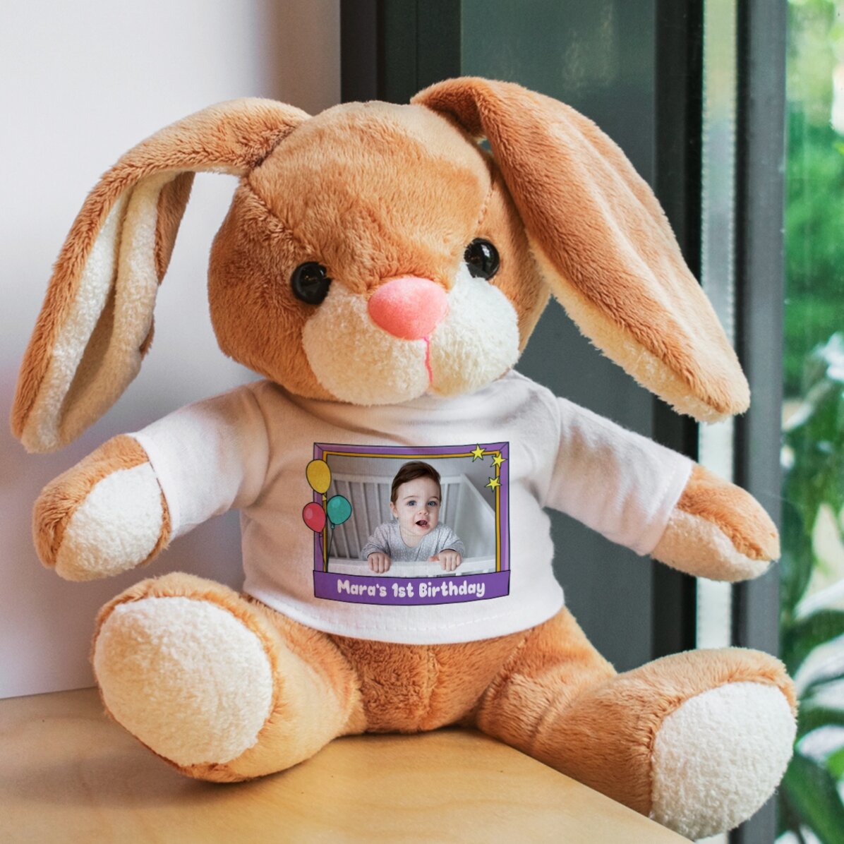 Pluș iepure personalizat cu o poză și text - Happy birthday, kiddo!