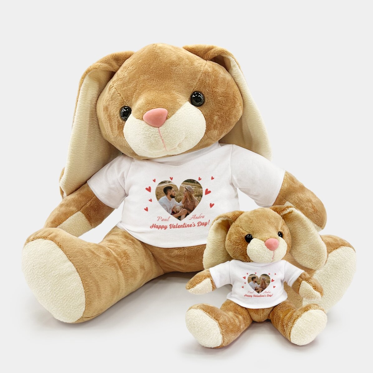 Pluș iepure personalizat cu o poză și text - Inimioare