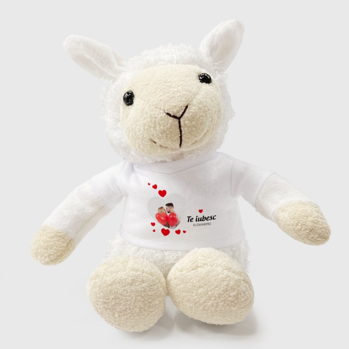 Pluș oaie personalizat cu o poză și mesaj de dragoste 