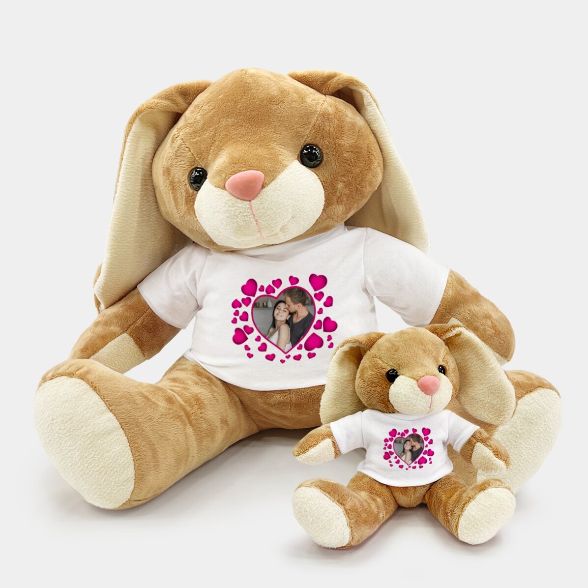 Pluș iepure personalizat cu inimioare roz și o poză