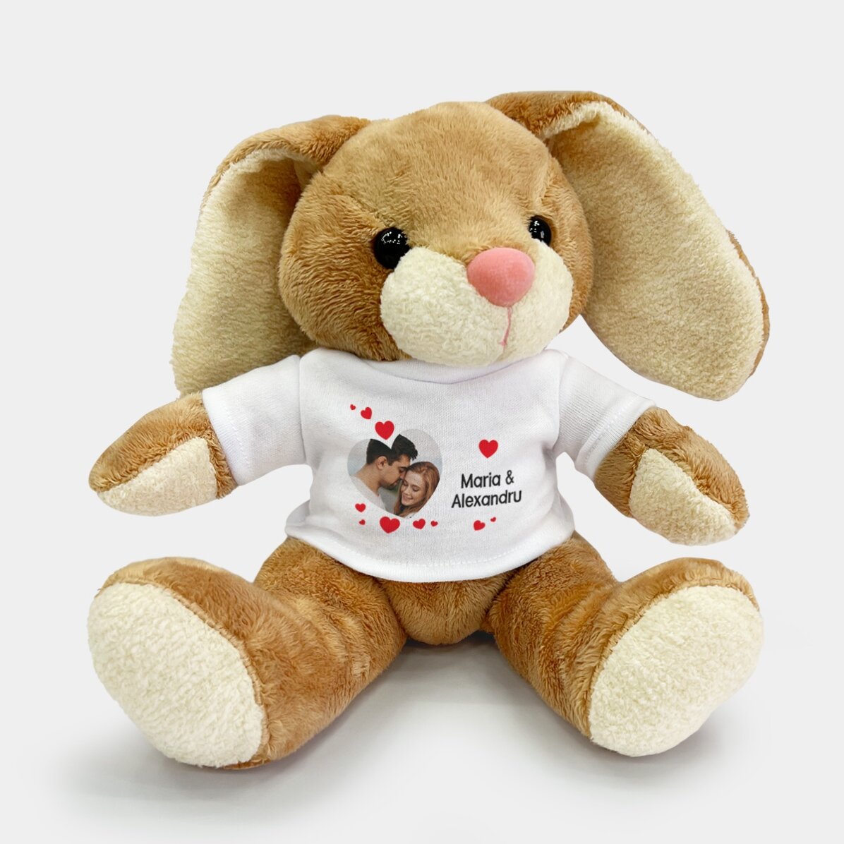 Pluș iepure personalizat cu o poză și mesaj de dragoste