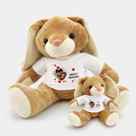 Pluș iepure personalizat cu o poză și mesaj de dragoste