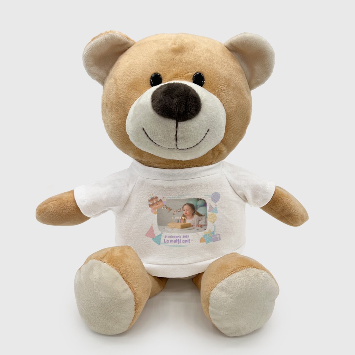 Pluș ursuleț personalizat cu o poză și text - Happy Birthday