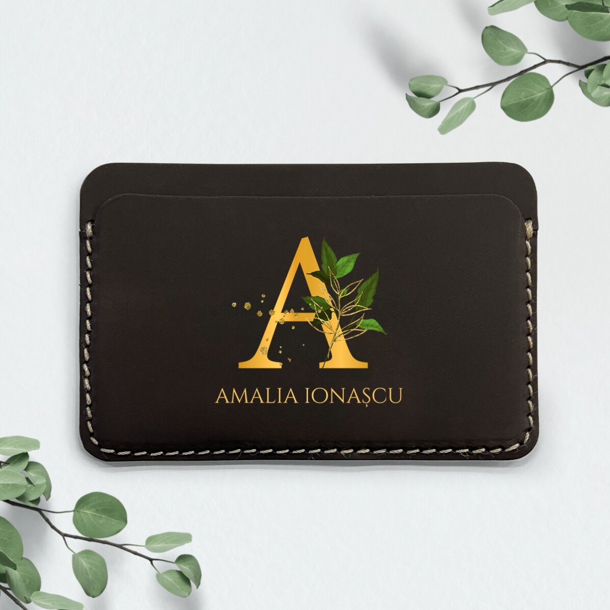 Portofel din piele personalizat color cu inițială și nume - Gold