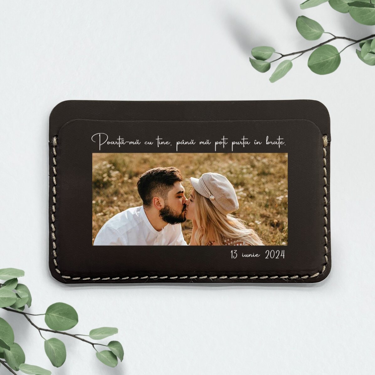 Portofel din piele personalizat color cu o poză și mesaj