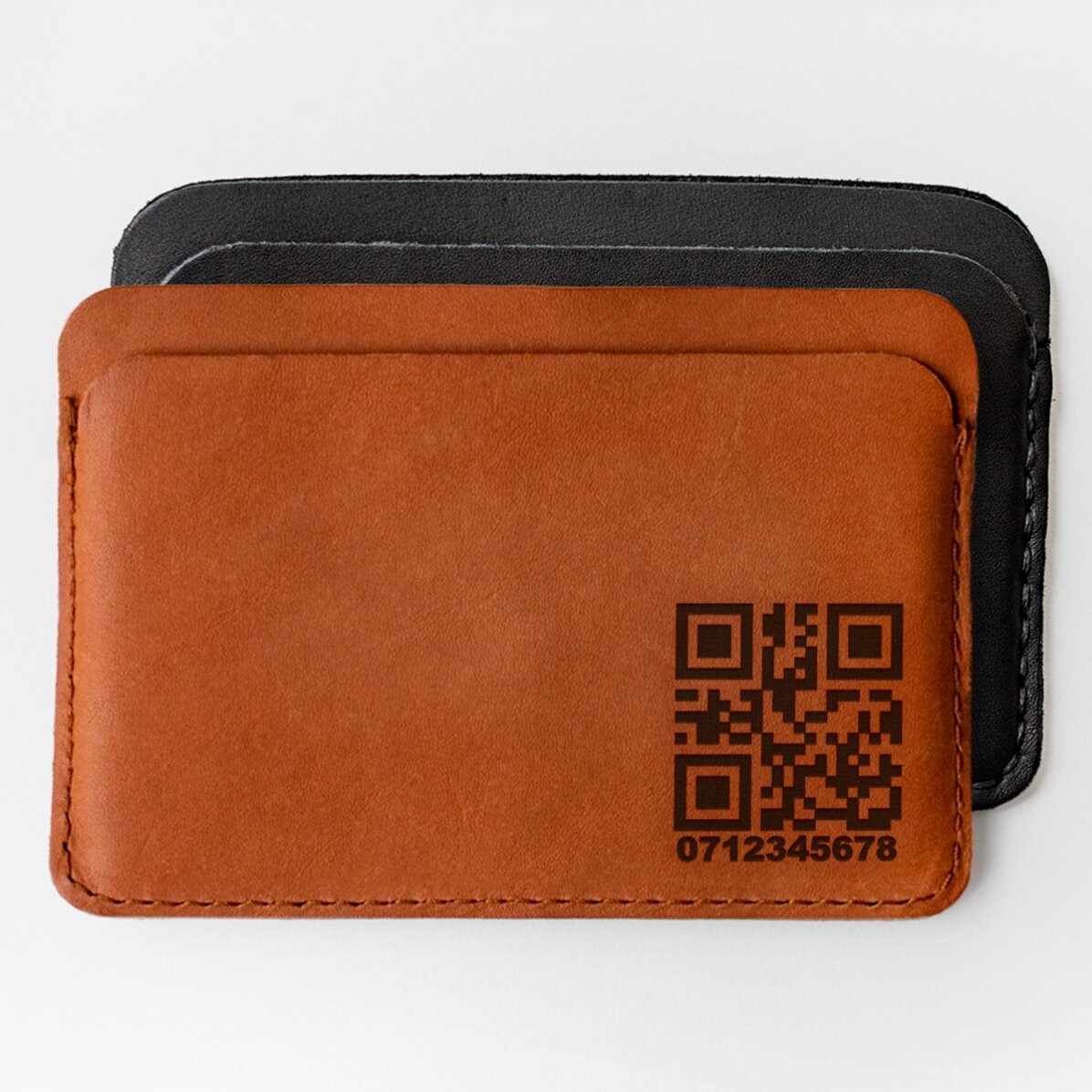 Portofel din piele personalizat cu cod QR și număr de telefon 