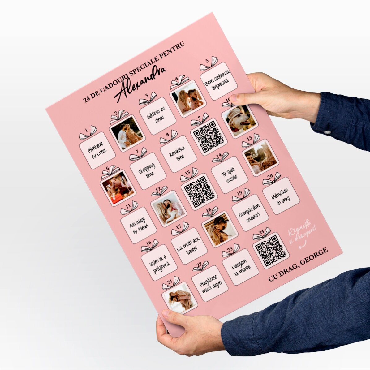 Poster Advent răzuibil personalizat cu poze, mesaj și cod QR