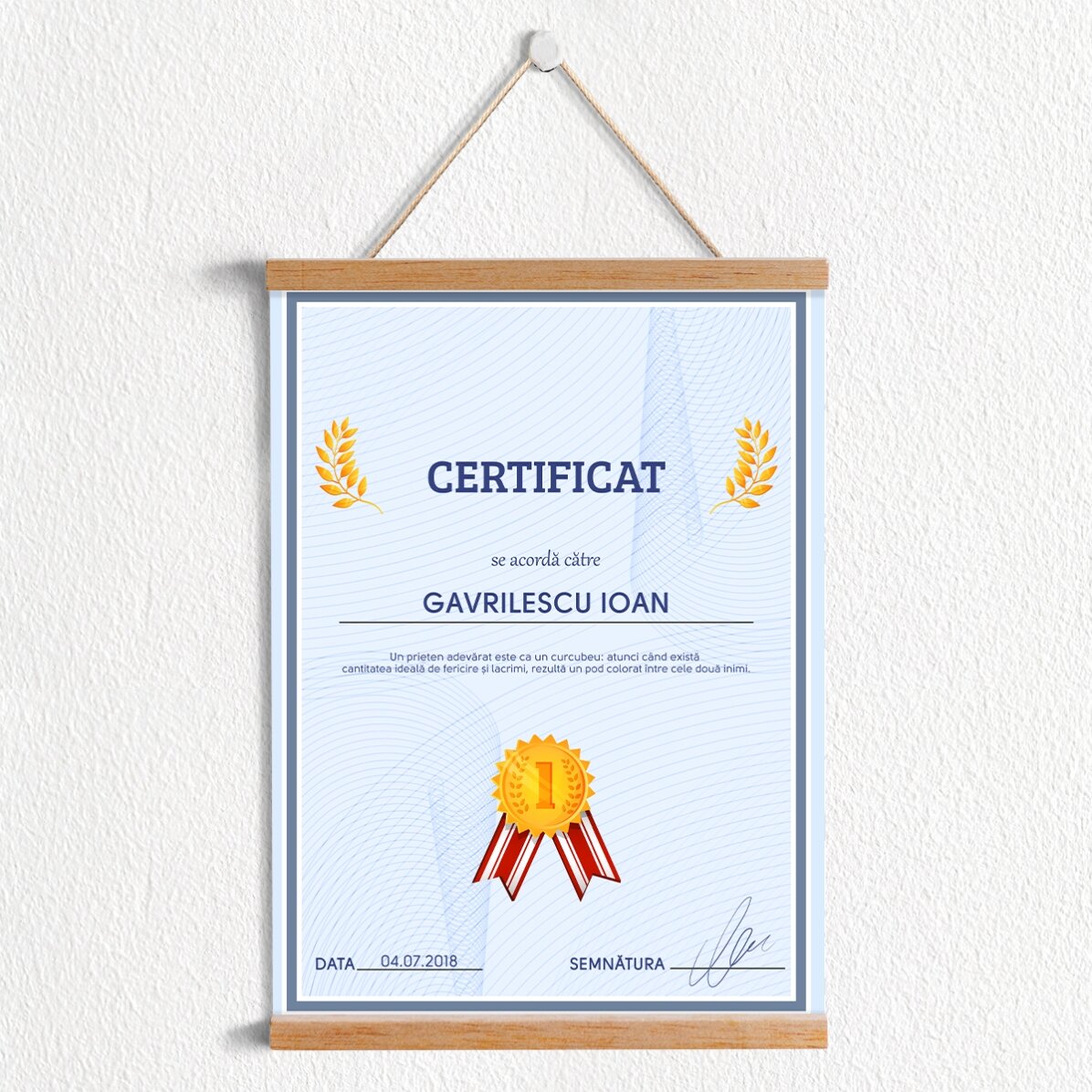 Poster cu agățătoare personalizat - Certificat de recunoștință