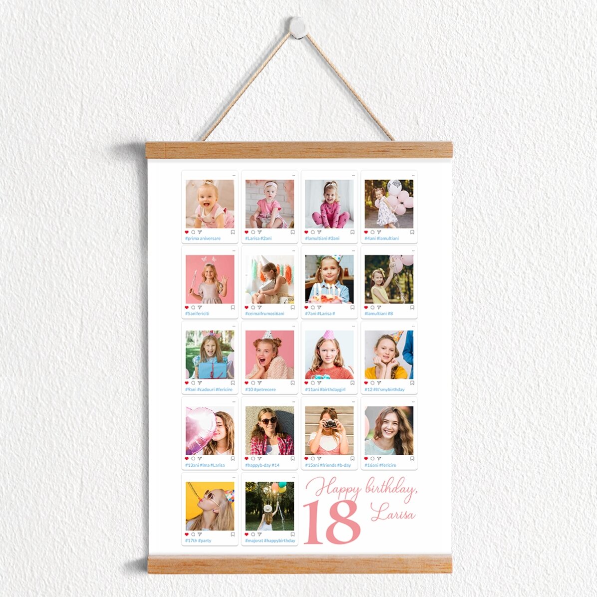 Poster cu agățătoare personalizat cu 18 poze și mesaj - #Instagram