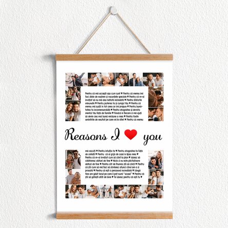Poster cu agățătoare personalizat cu 20 poze și text - Reasons I love you