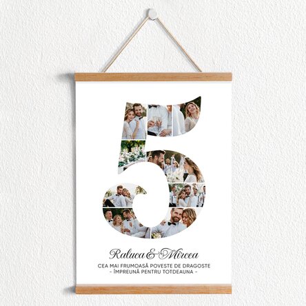 Poster cu agățătoare personalizat cu cifra 5, fotografii și mesaj - Aniversare relație