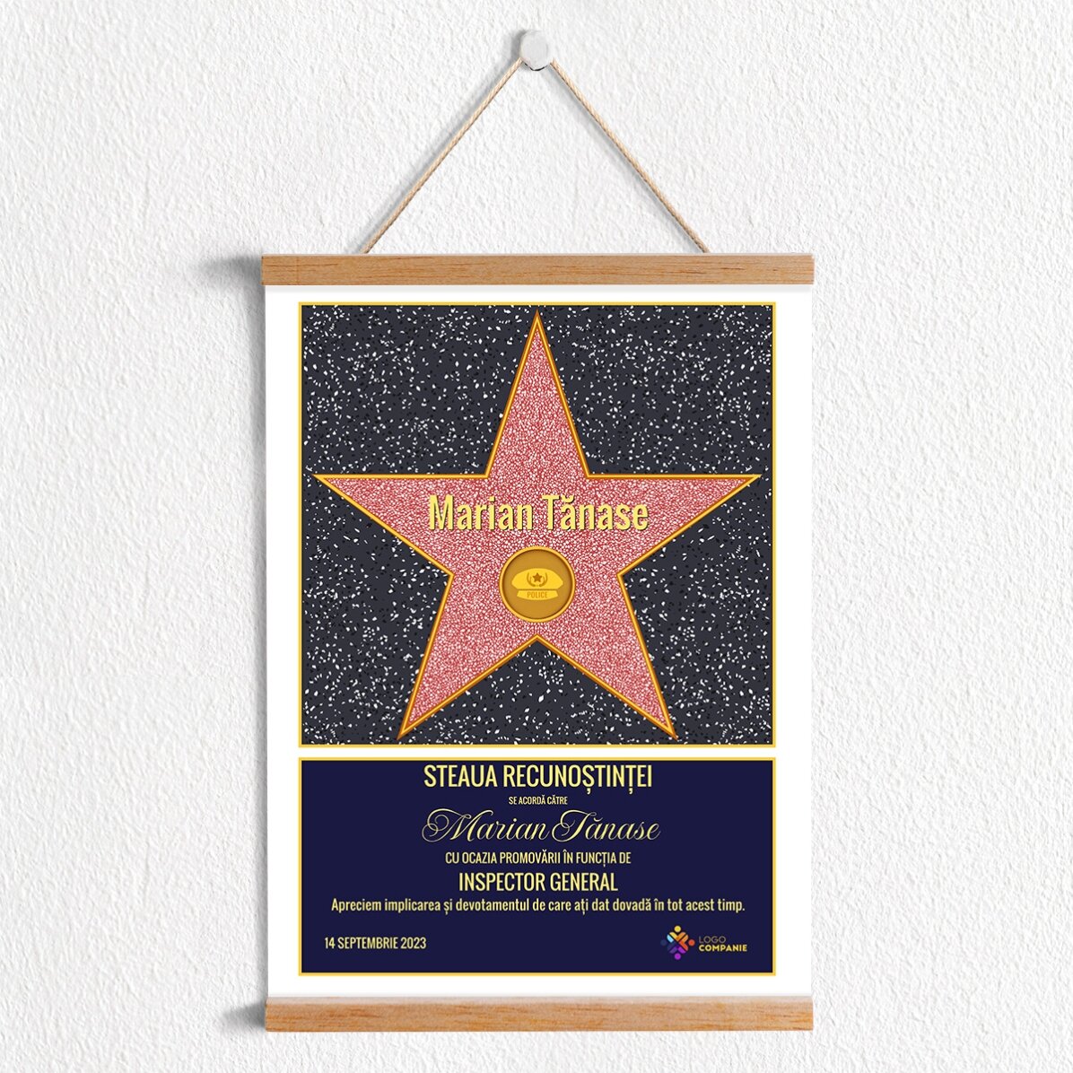 Poster cu agățătoare personalizat cu logo și text - Steaua recunoștinței pentru polițiști