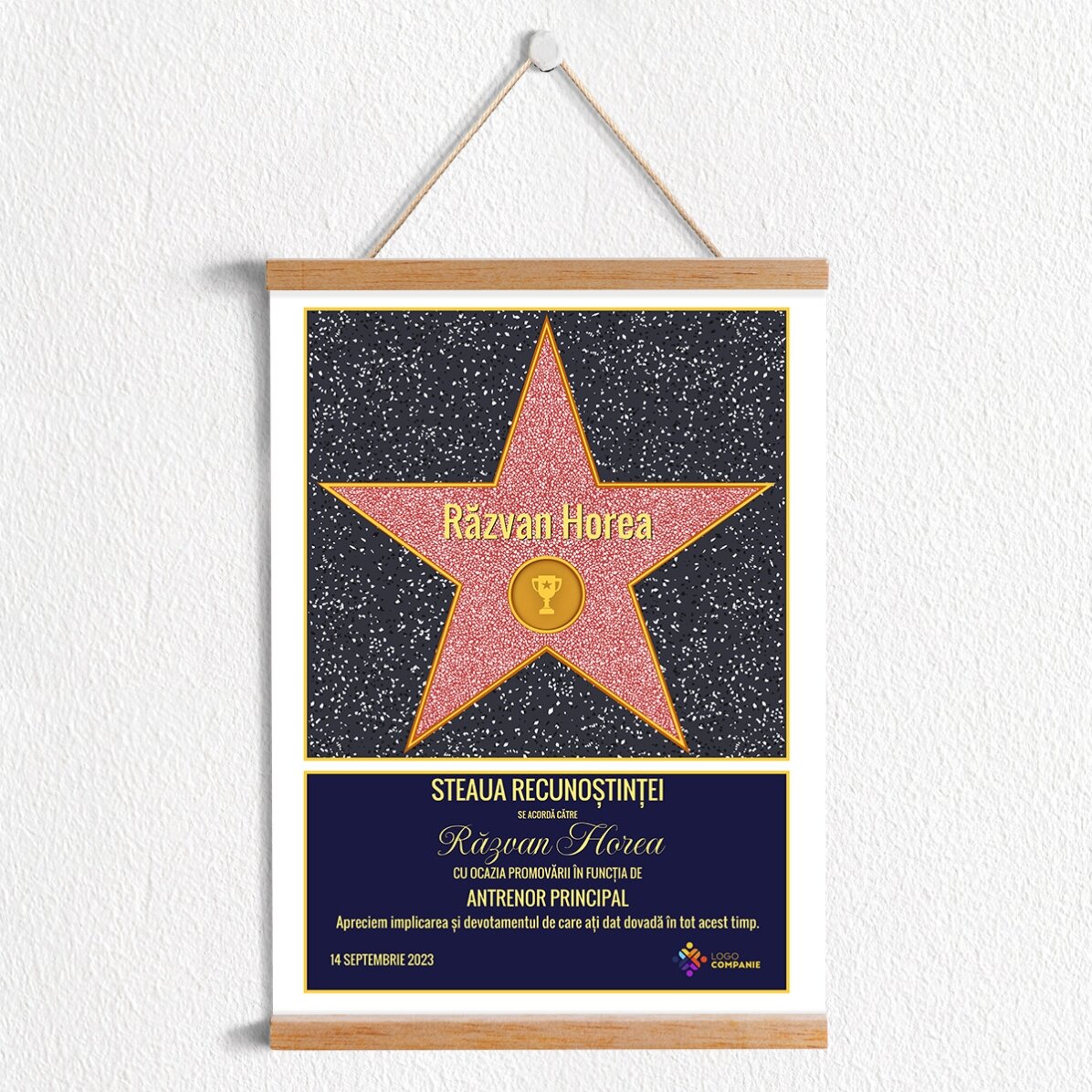 Poster cu agățătoare personalizat cu logo și text - Steaua recunoștinței pentru sportivi