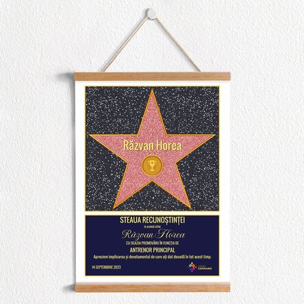 Poster cu agățătoare personalizat cu logo și text - Steaua recunoștinței pentru sportivi