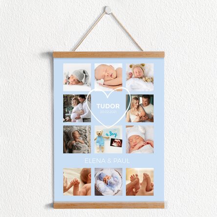 Poster cu agățătoare personalizat cu text și 11 poze - Baby boy