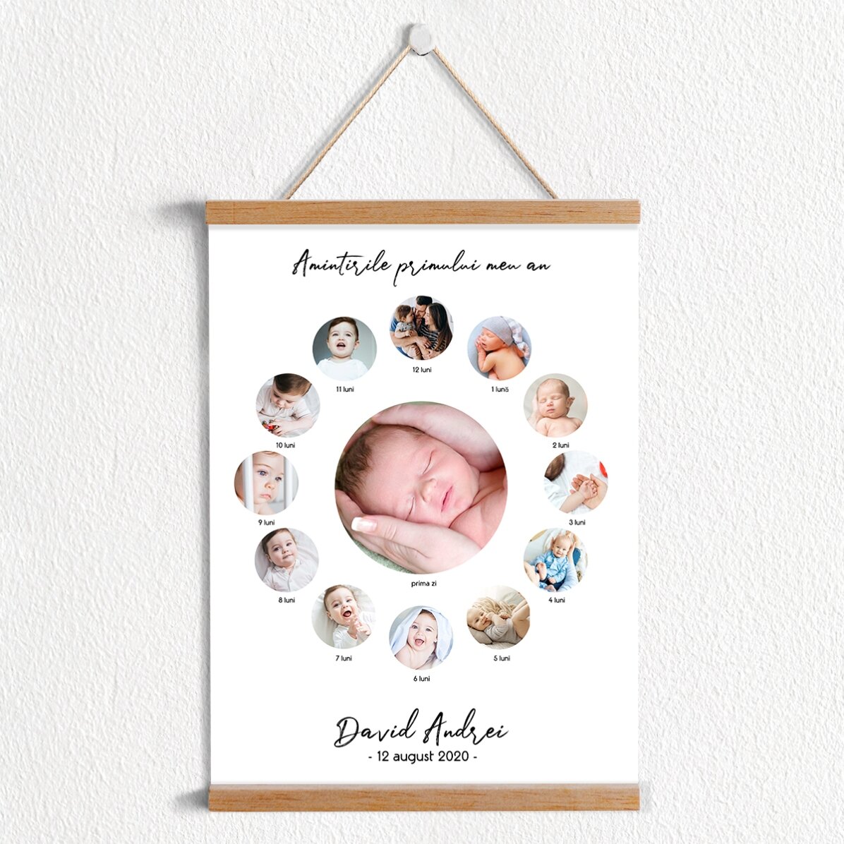Poster cu agățătoare personalizat cu text și 13 fotografii - Un an de fericire