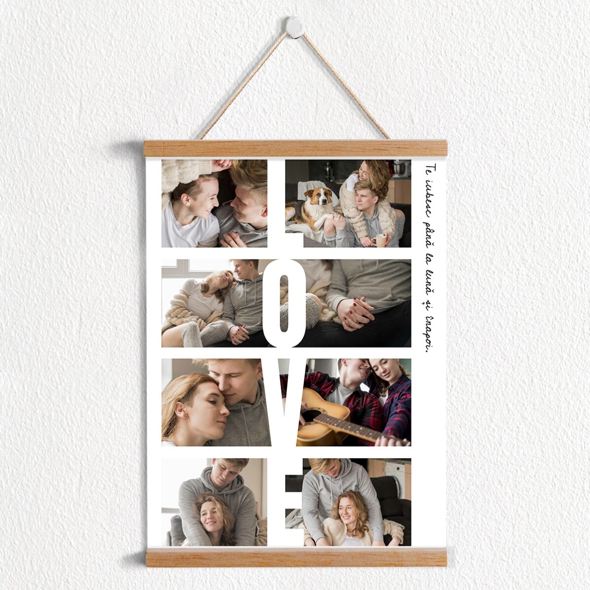 Poster cu agățătoare personalizat cu text și 8 poze - LOVE