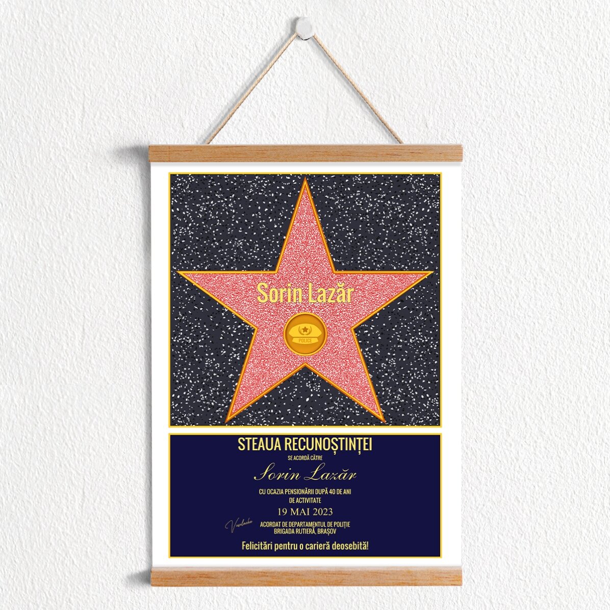 Poster cu agățătoare personalizat Steaua recunoștinței pentru polițiști