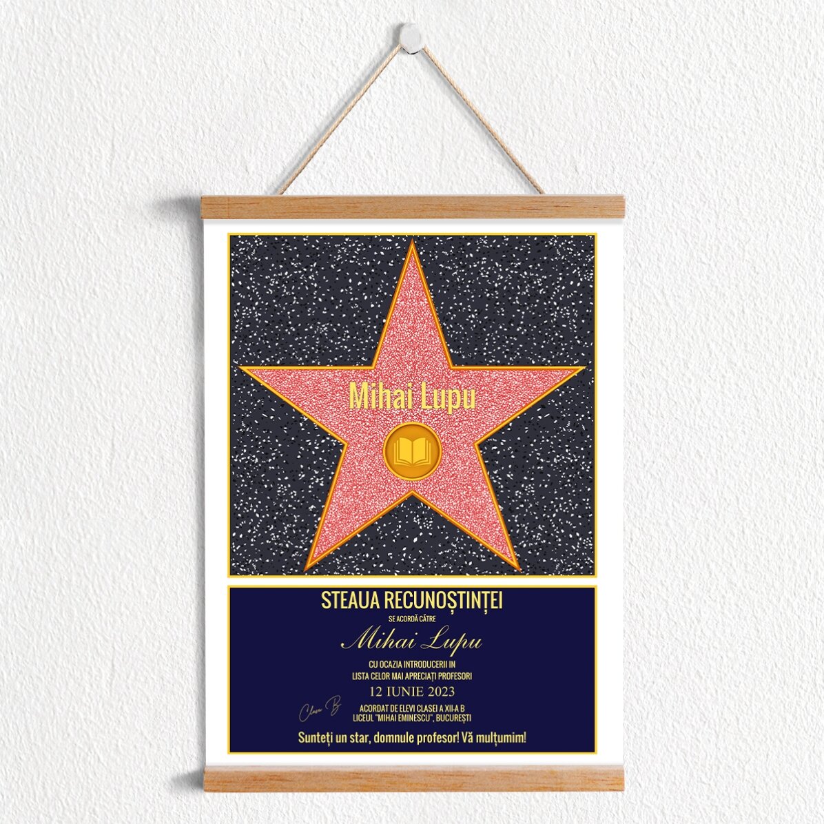 Poster cu agățătoare personalizat - steaua recunoștinței pentru profesori