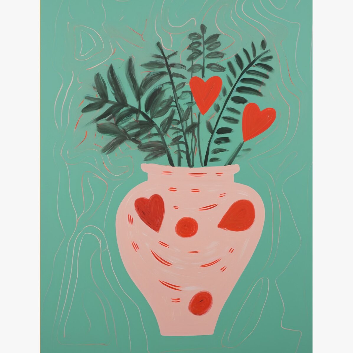 Poster Ilustrație plante în ghiveci și inimioare desenate