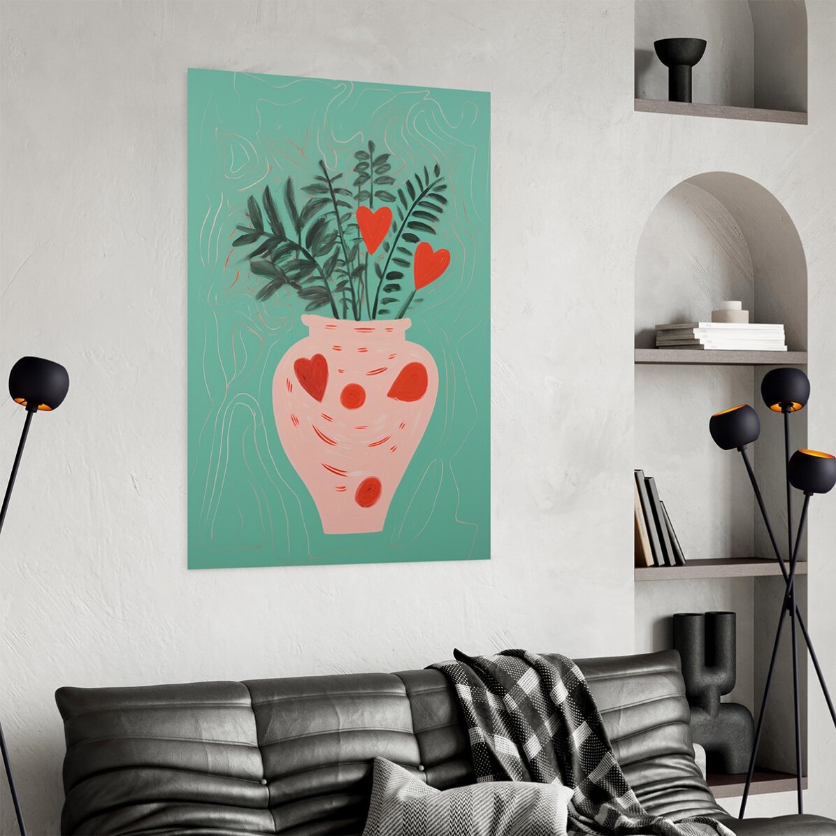 Poster Ilustrație plante în ghiveci și inimioare desenate