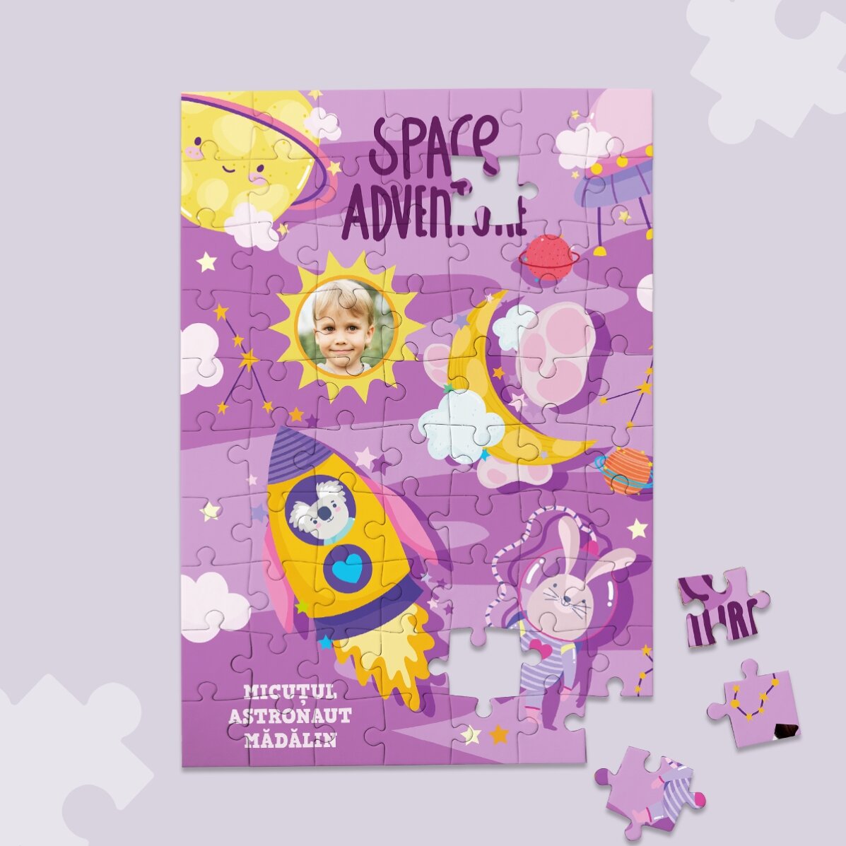 Puzzle personalizat cu o poză și text 19x28cm - Space adventure