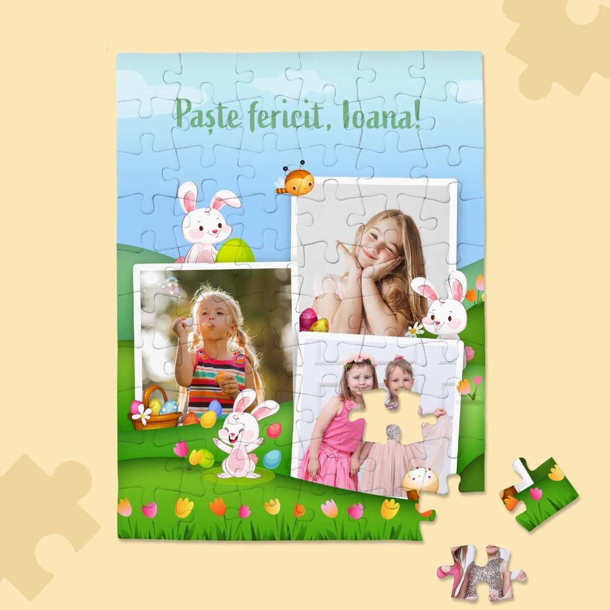 Puzzle personalizat pentru copii cu 3 poze și text - Paște fericit!