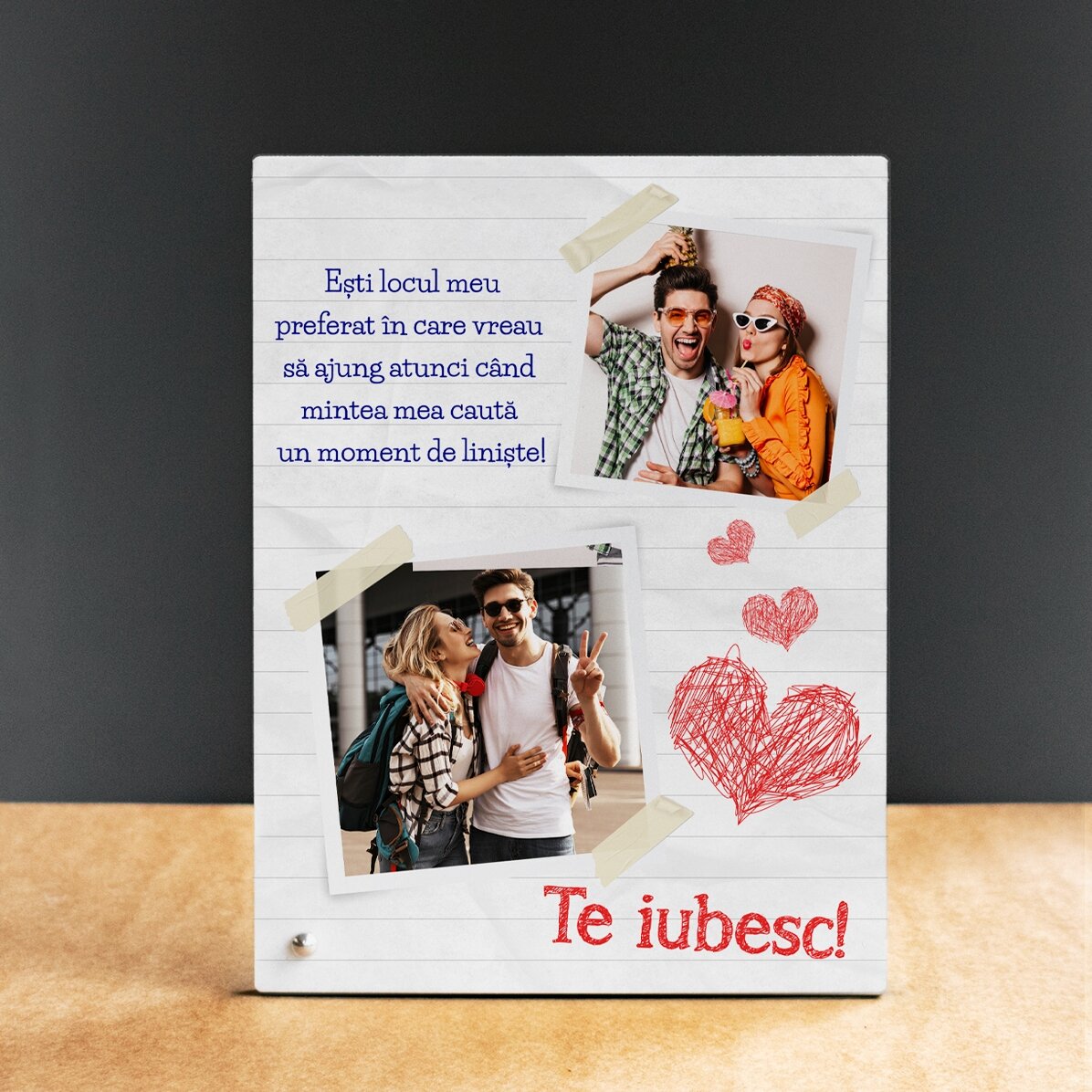 Ramă foto de birou personalizată cu 2 poze și text - Te iubesc!