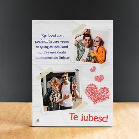 Ramă foto de birou personalizată cu 2 poze și text - Te iubesc!