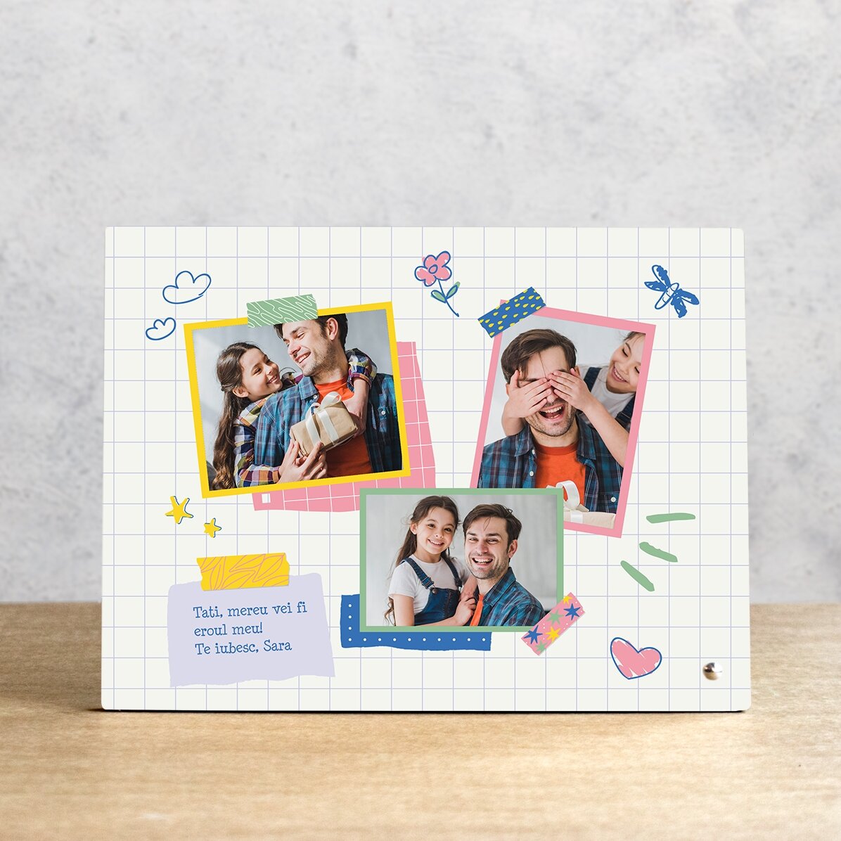 Ramă foto de birou personalizată cu 3 poze și mesaj - Tati, eroul meu