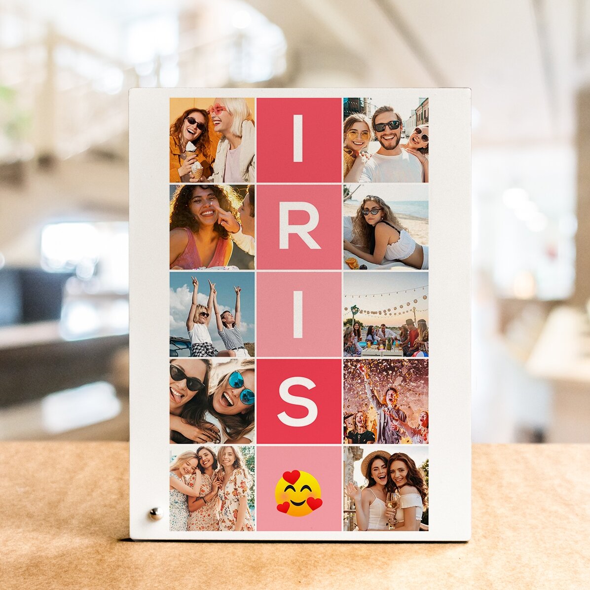 Ramă foto de birou personalizată cu 10 poze și nume din 5 litere pe verticală