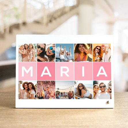 Ramă foto de birou personalizată cu 10 poze și nume din 5 litere