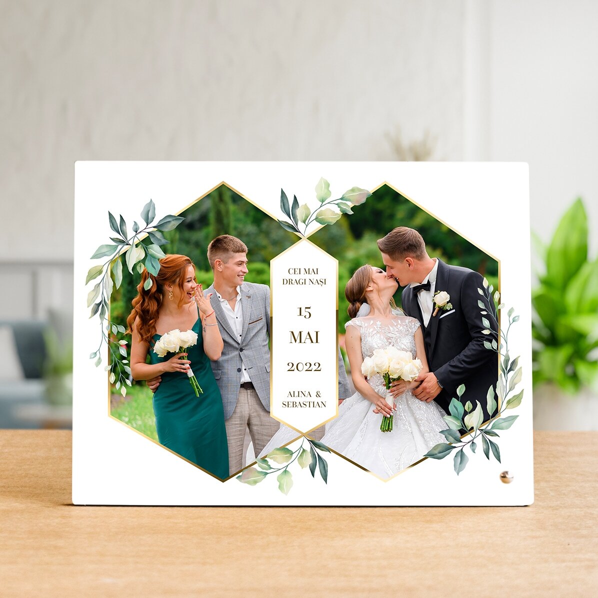 Ramă foto de birou personalizată cu 2 poze și text - Wedding