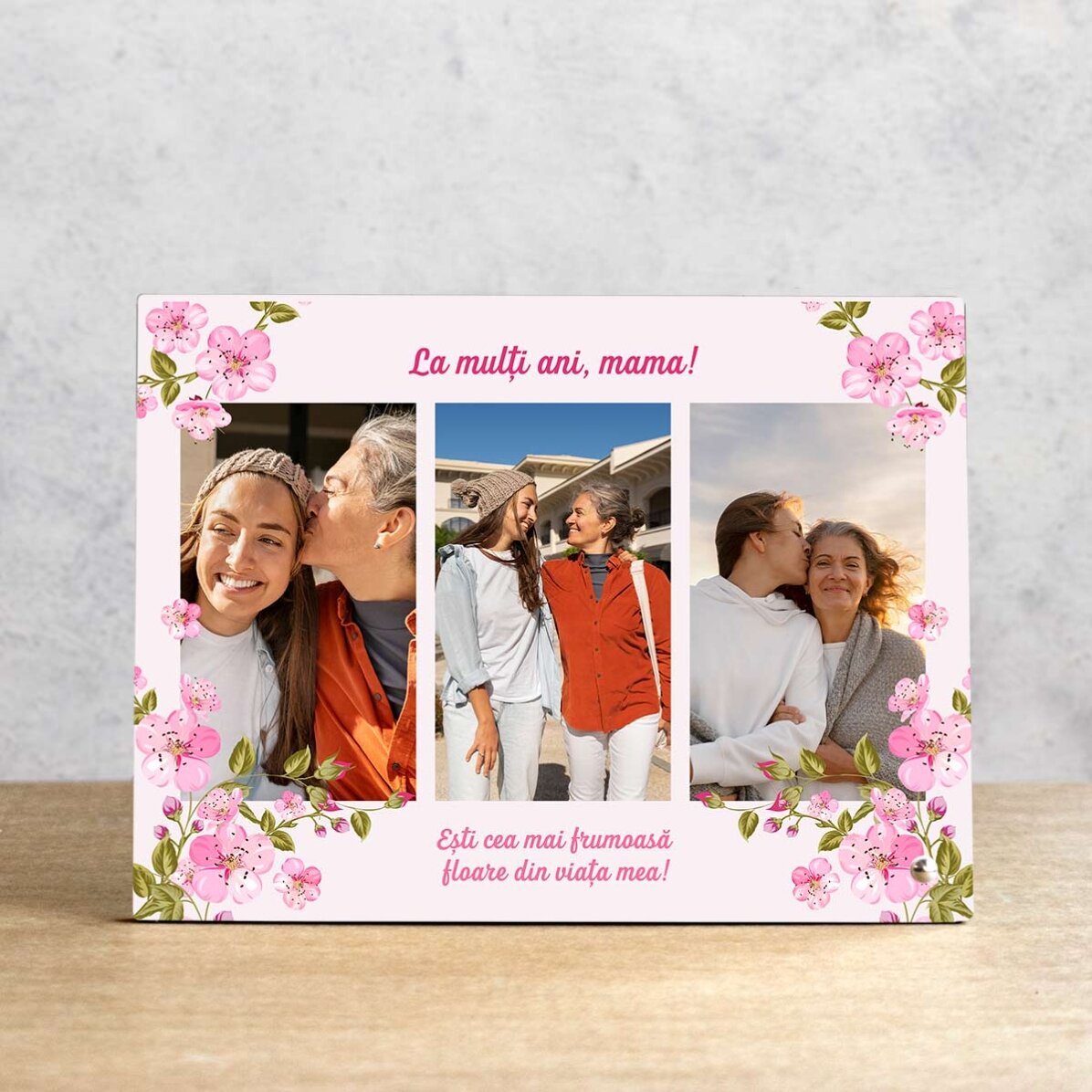Ramă foto de birou personalizată cu 3 poze și mesaj - Primăvara
