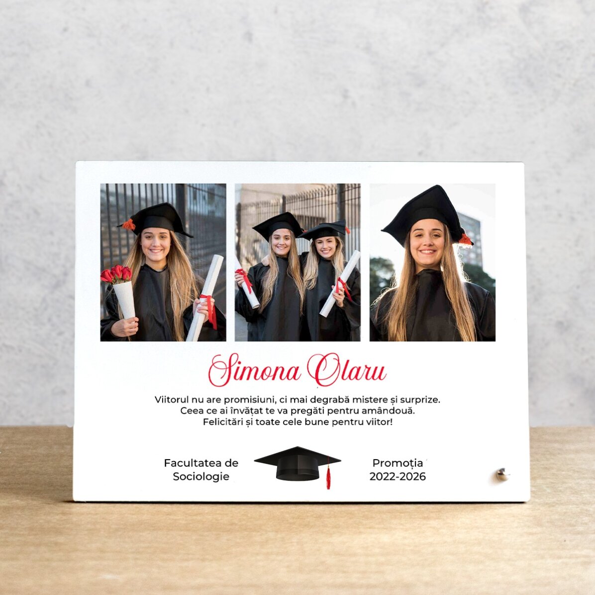 Personalised desk photo frame with 3 photos and text - Graduation