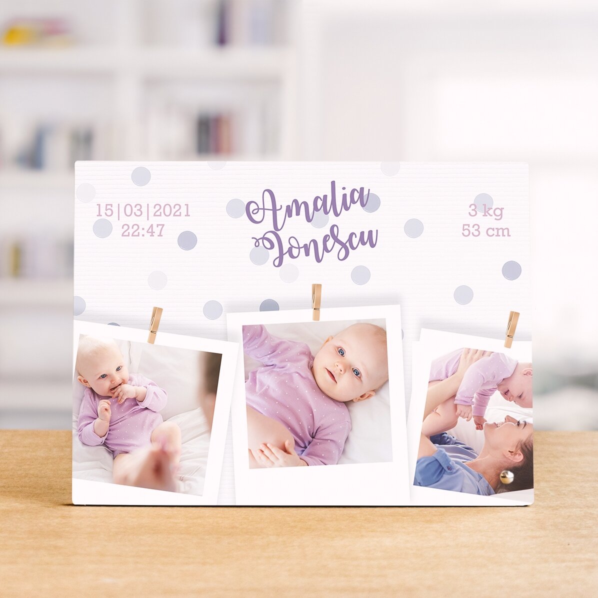 Ramă foto de birou personalizată cu 3 poze și text - Welcome, baby!