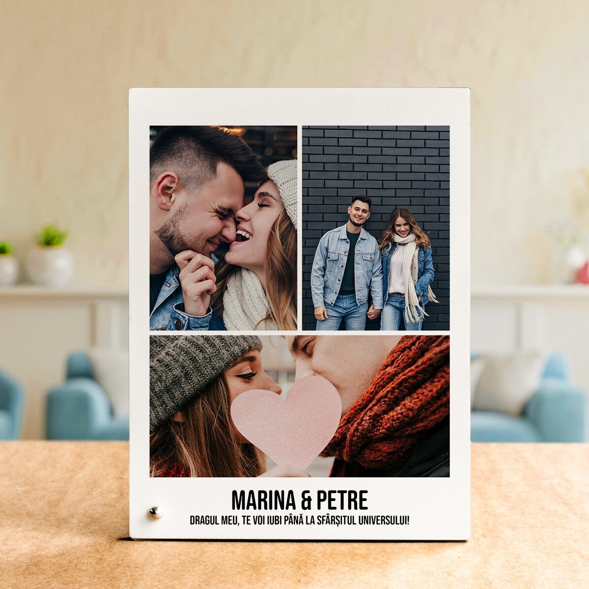 Ramă foto de birou personalizată cu 3 poze și text 