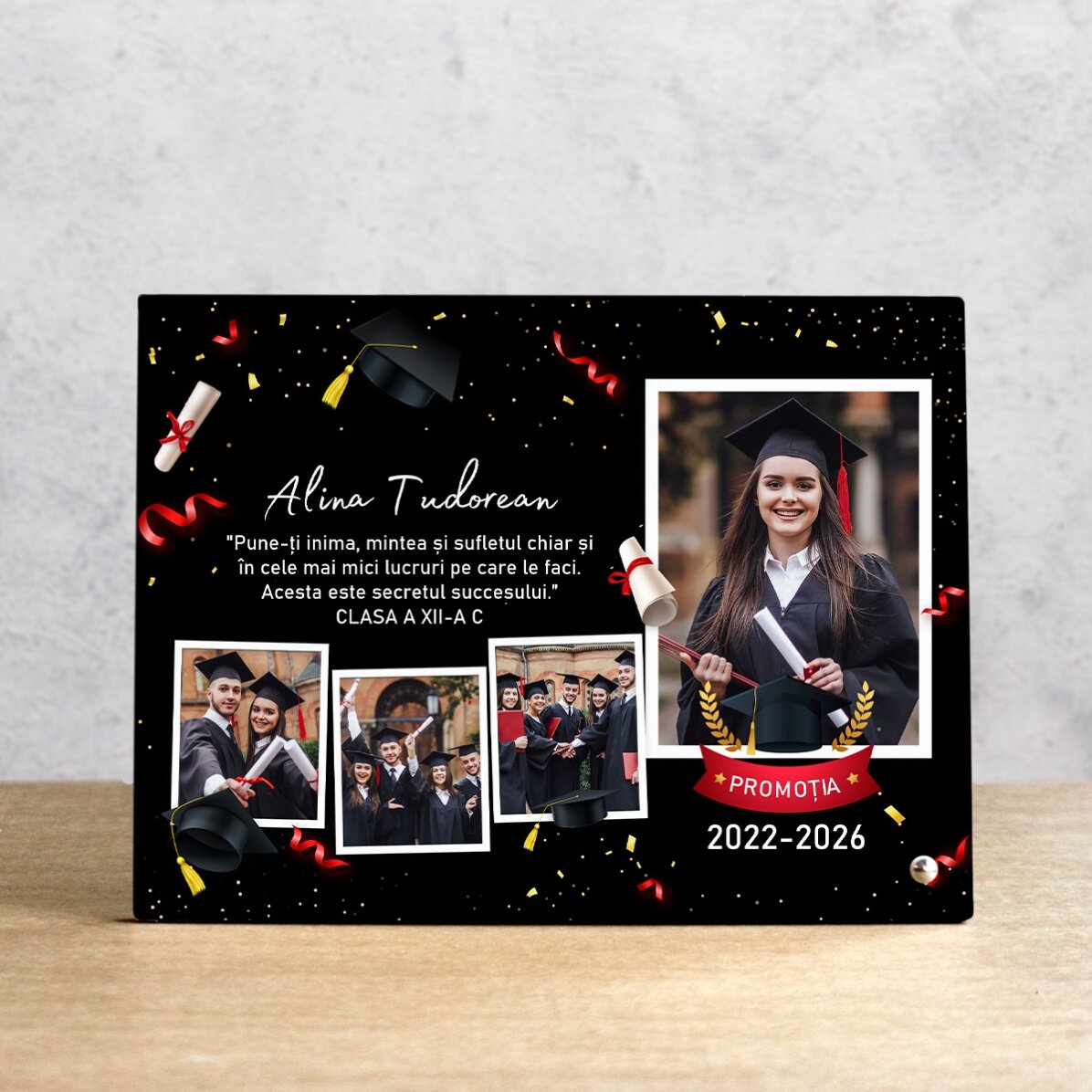 Personalised desk photo frame with 4 photos and text for graduates