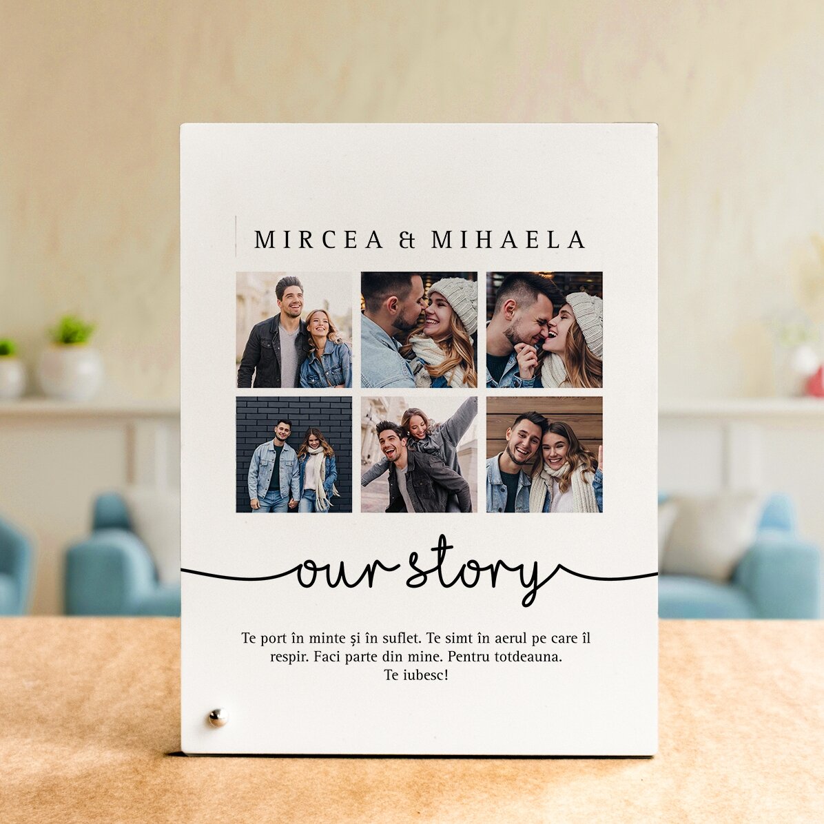 Ramă foto de birou personalizată cu 6 poze și text - Our story